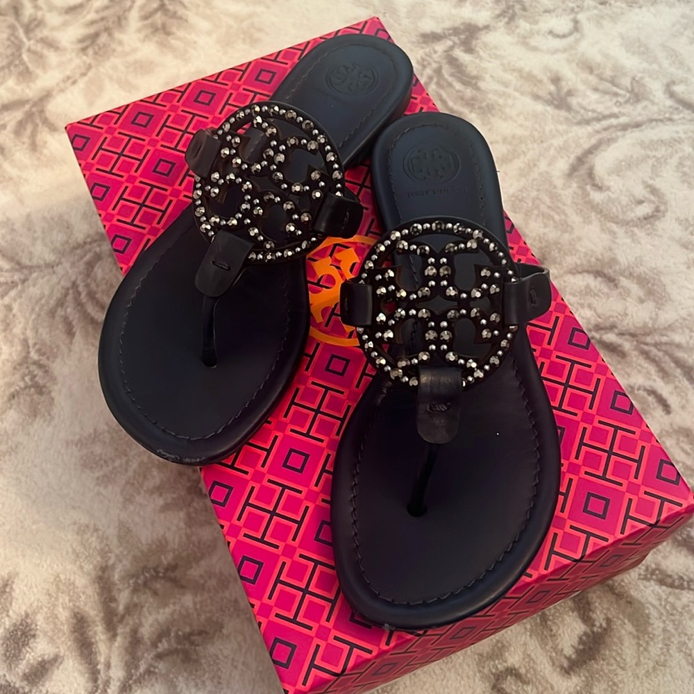 Tory Burch navy rhinestone embellished miller sandal